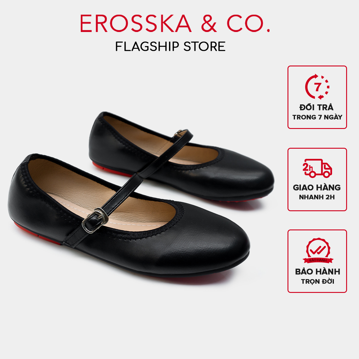 Erosska - Giày nữ đế bệt mũi tròn quai ngang màu đen - ef012