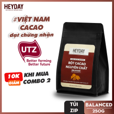 Bột cacao nguyên chất không đường Heyday – Balanced 12% bơ cacao tự nhiên – Túi zip 250g – Chứng nhận UTZ – Hỗ trợ giảm cân – Keto – Vị socola nguyên bản – Không hương liệu, phụ gia