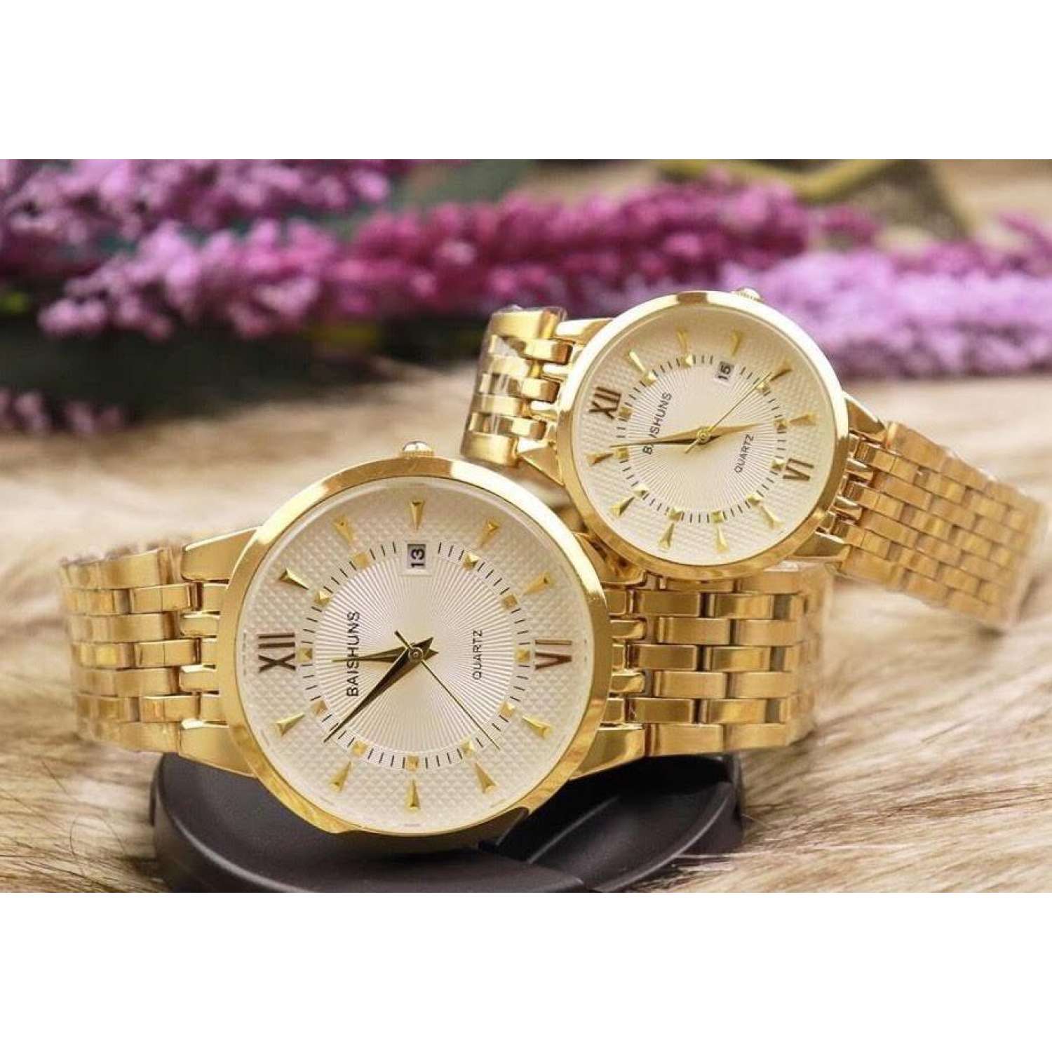 đồng hồ đôi nam nữ Bashuns dây vàng mặt trắng,BS0333 chống nước,chống xước tốt
