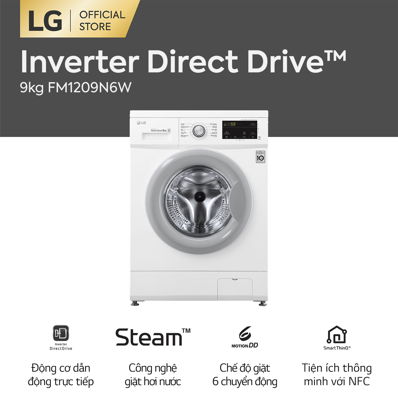 [FREESHIP 500K TOÀN QUỐC] Máy giặt lồng ngang LG Inverter Direct Drive™ FM1209N6W 9kg (Trắng) – Hãng phân phối chính thức