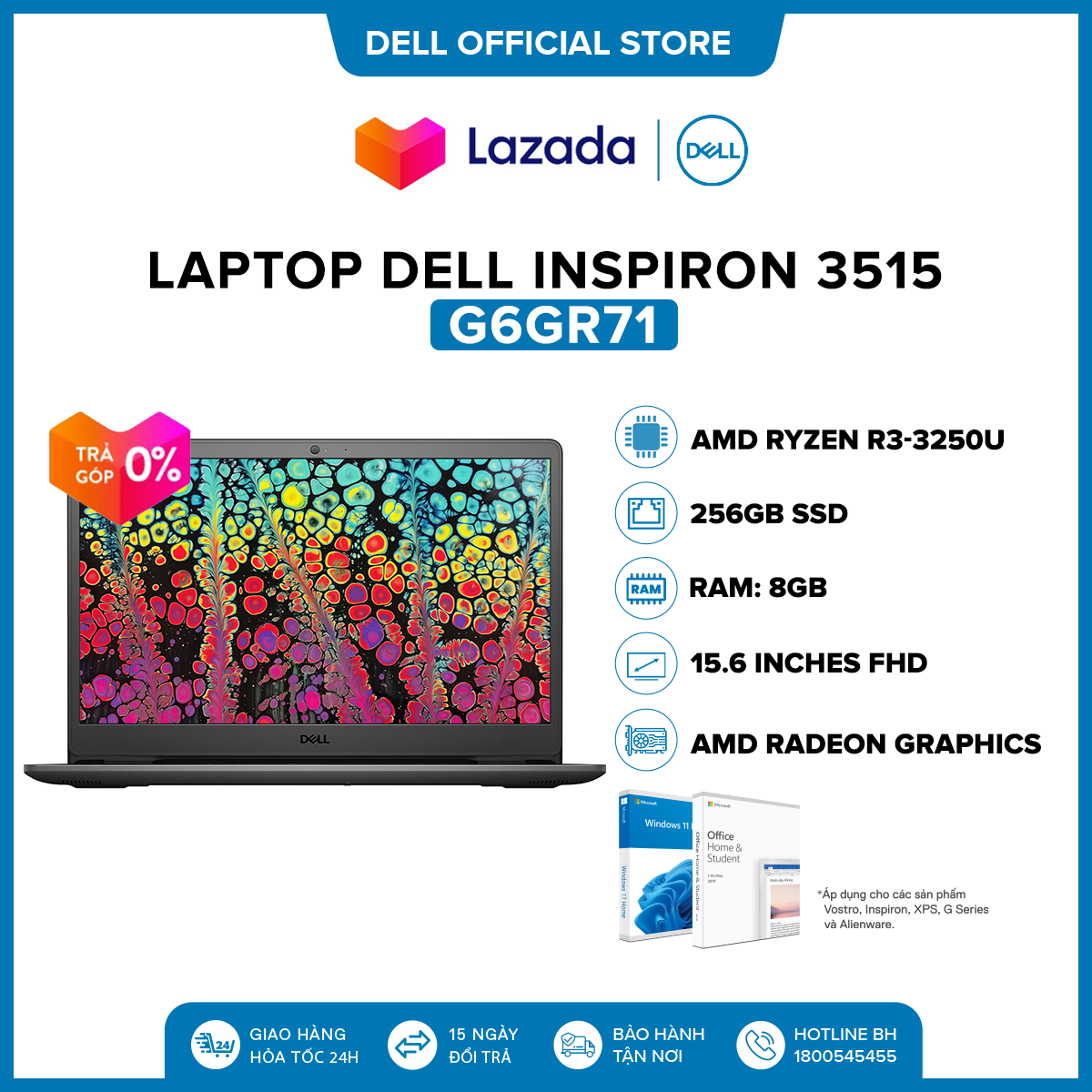 Laptop Dell Inspiron 3515 15.6 inches FHD (AMD Ryzen R3-3250U / 8GB / 256GB SSD / AMD Radeon Graphics / Office Home & Student 2021 / Windows 11) l Black l G6GR71