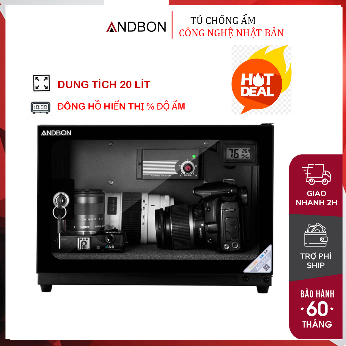Tủ chống ẩm máy ảnh 20 Lít nhập khẩu CN Nhật Bản ANDBON AB-21C, tủ hút ẩm máy ảnh tự...
