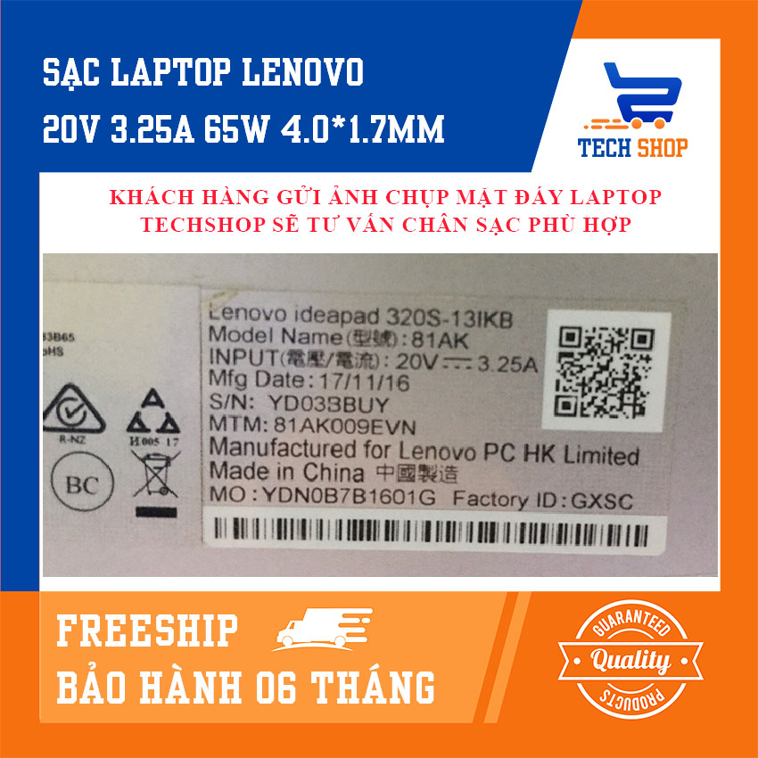 [FREESHIP]Sạc laptop lenovo công suất 20V 3.25A 65W 4.0*1.7mm dùng cho IdeaPad 310 100-14 100S-14 100-15 B50-10 510-14 310-14 710-13...
