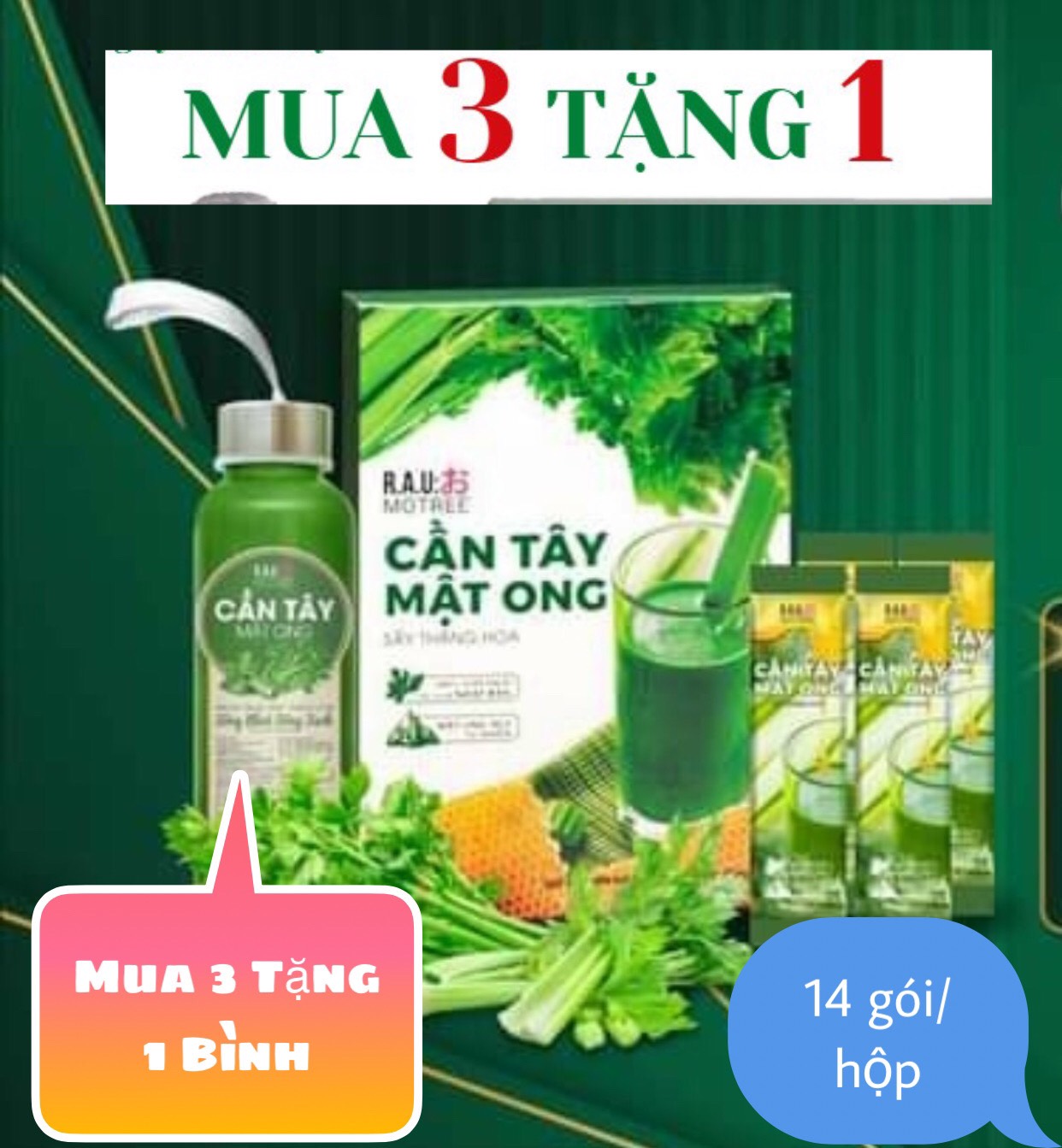 ( TẶNG KÈM 1 BÌNH ) COMBO 3 HỘP Bột cần tây mật ong Nhật Bản Motree( mỗi gói 50...