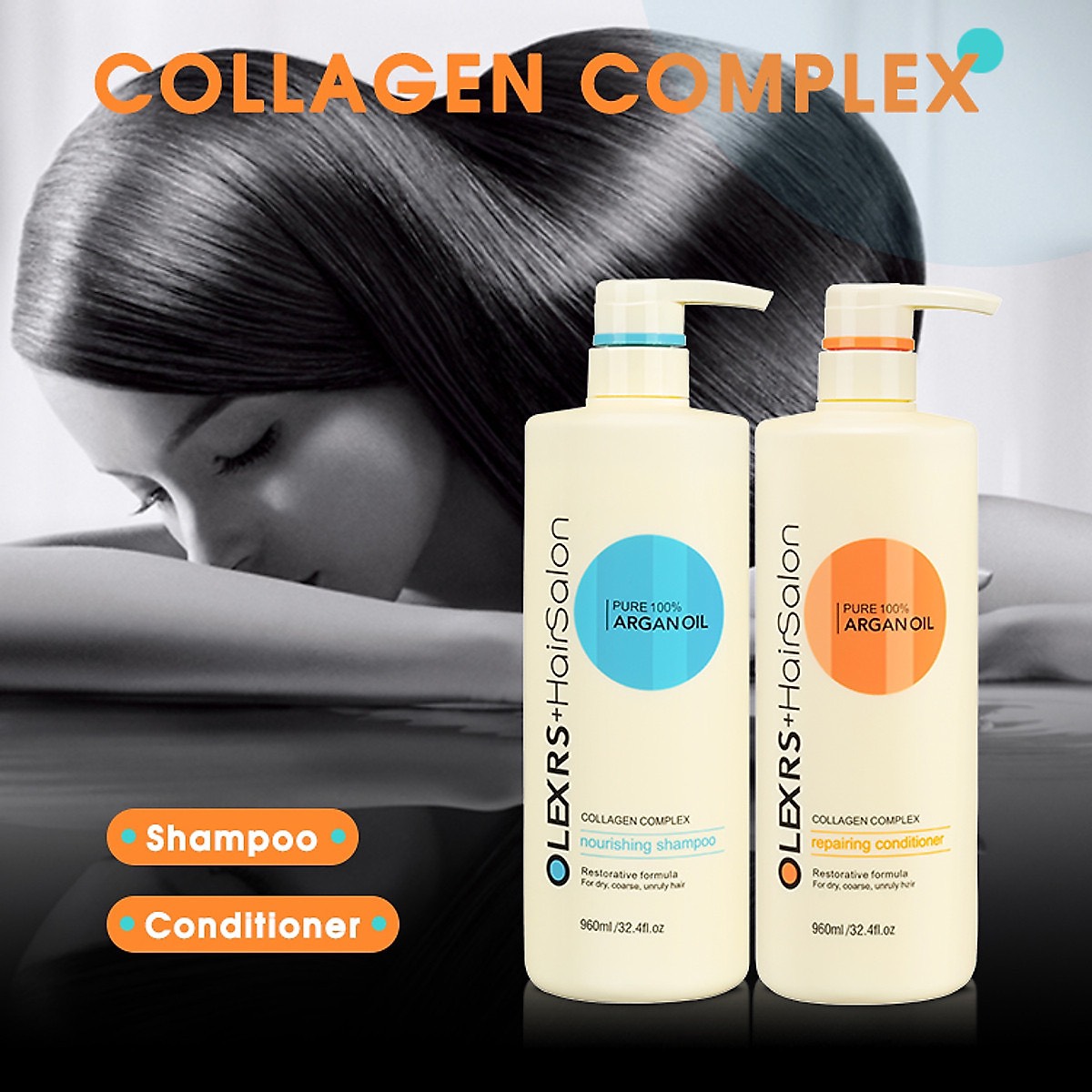 Cặp Dầu Gội Xả Olexrs Argan Oil Collagen Hair Salon 500ml 960ml chính hãng phục hồi Tóc Khô Hư Tổn...