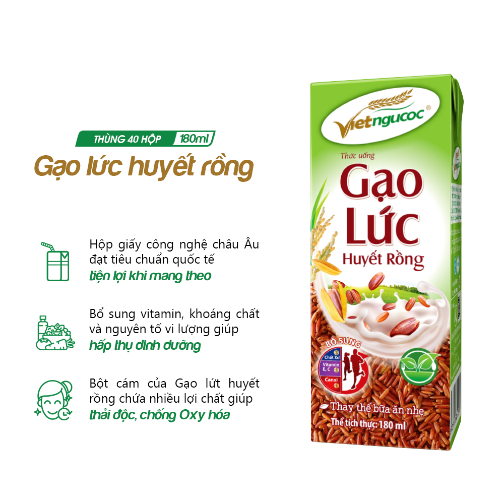 Thùng 40 hộp Thức uống Gạo lức huyết rồng Việt Ngũ Cốc – 180ml/hộp