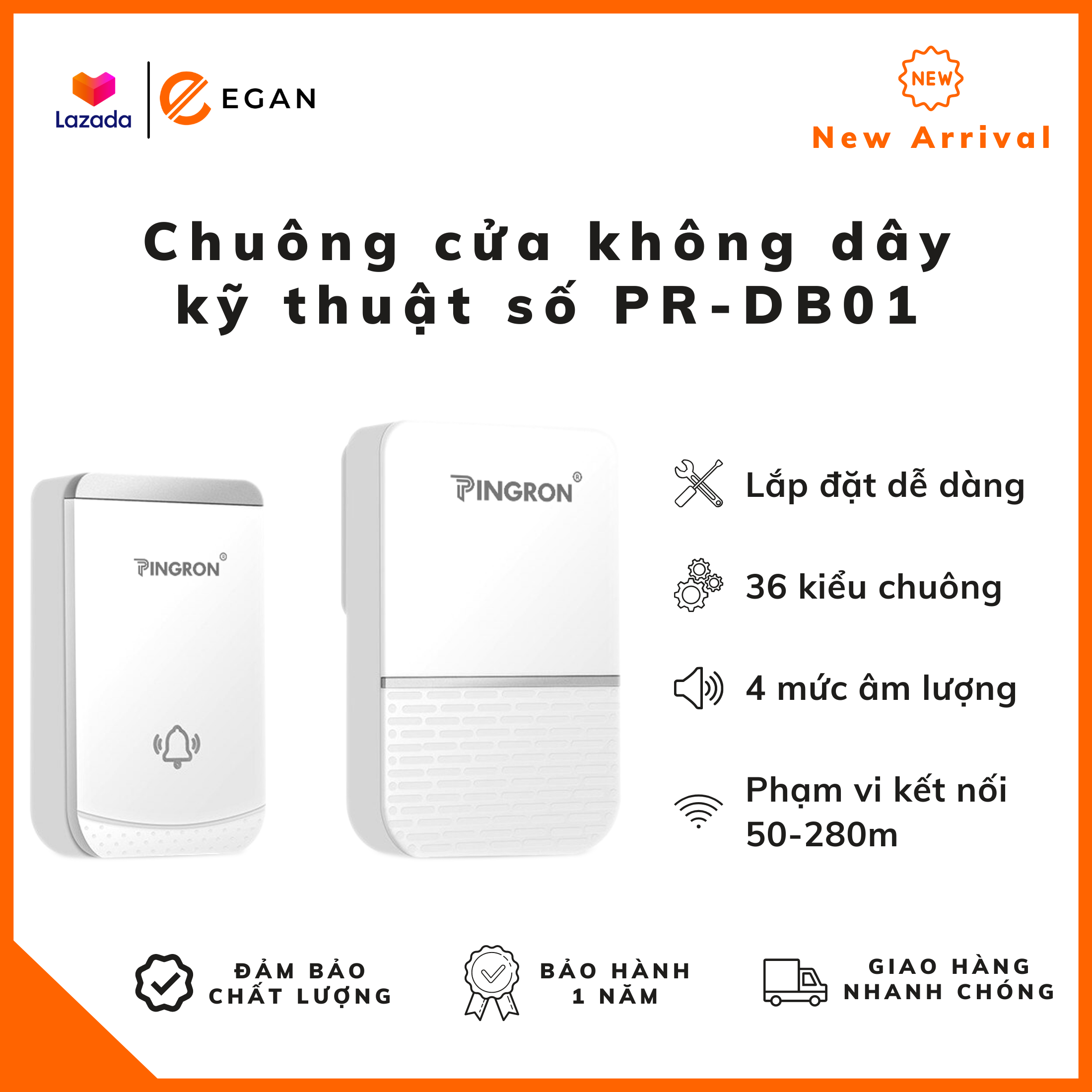 Chuông cửa không dây, chuong cua khong day, chuông báo khách, chuông cửa không dây chống nước kỹ thuật số PR-DB01 – Lắp đặt dễ dàng, kích thước nhỏ gọn, sử dụng nguồn điện AC110-220V, 50/60Hz, tùy chỉnh được 36 kiểu chuông