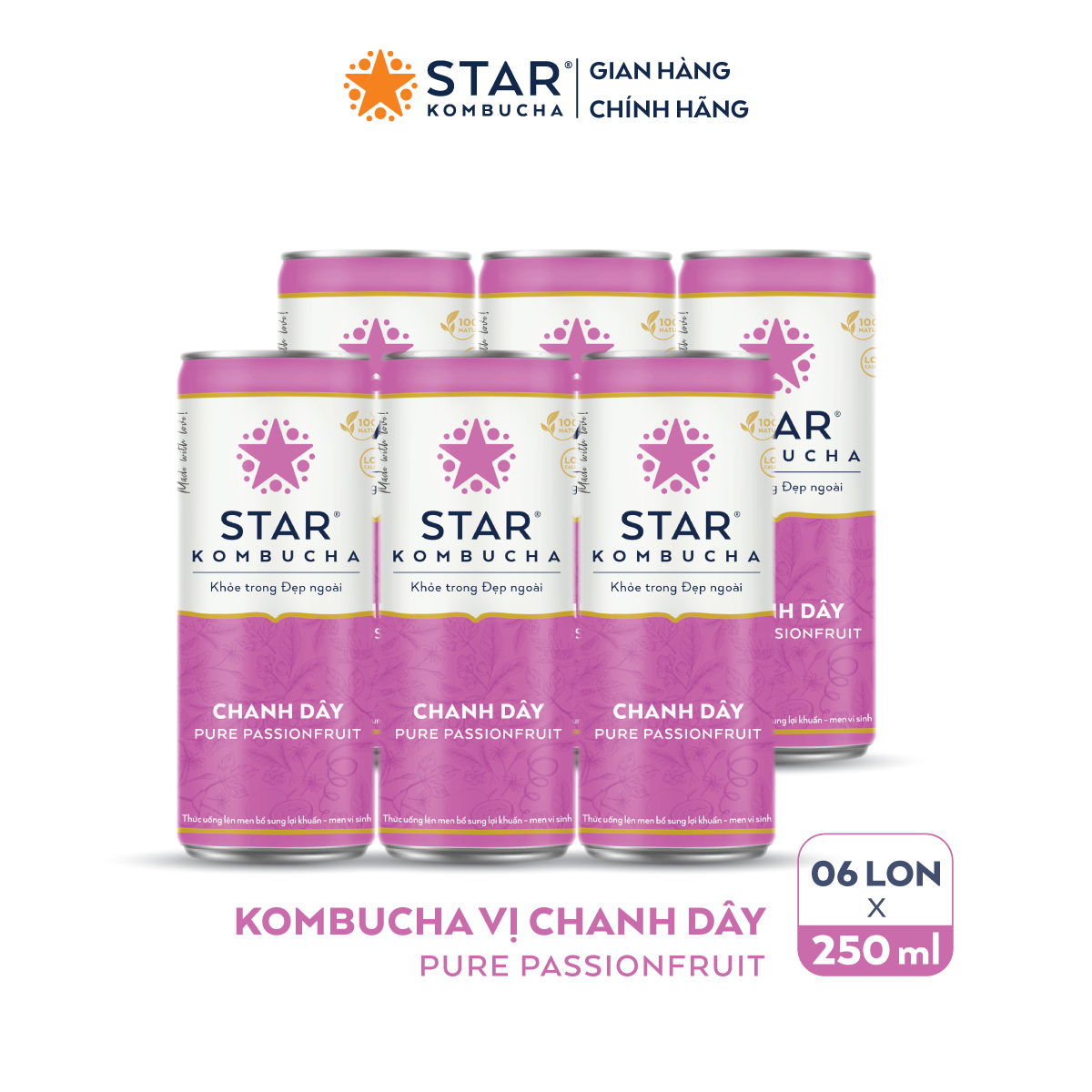Lốc 6 lon trà STAR KOMBUCHA Chanh Dây / Pure Passionfruit (250ml/lon) – Trà lên men vi sinh chứa probiotics giúp bảo vệ sức khoẻ, thanh lọc toàn diện, tăng đề kháng dùng cho mọi lứa tuổi, Chứng Nhận FDA tiêu chuẩn Mỹ