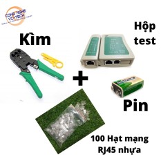 Combo (Kìm Bấm Mạng Xanh TOOL WJ-315 +100 Hạt Mạng Nhựa RJ45+Hộp Test mạng kèm Pin) – Test mạng kèm pin