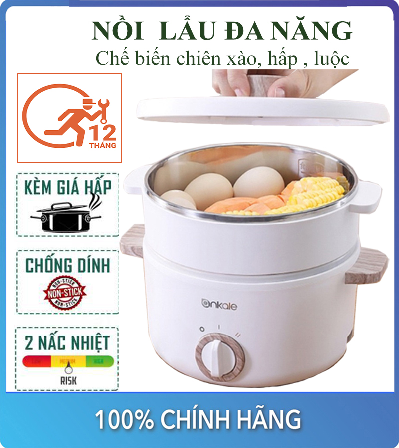 (Tặng kèm Xửng hấp cao cấp) Nồi lẩu điện đa năng,Nồi nấu cơm,Nồi nấu lẩu, Nồi hấp, Lòng nồi bằng...