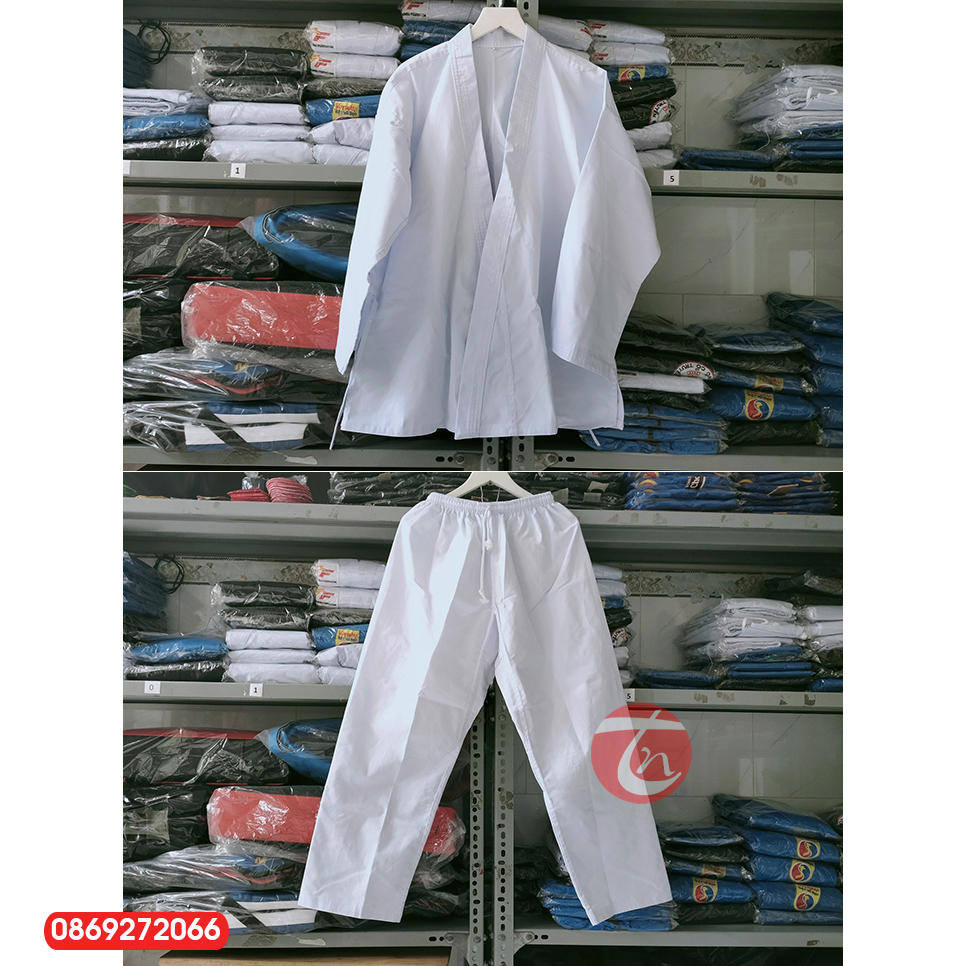 quần áo tập võ karate (võ phục karate, vải kaki, tặng kèm đai nhập môn)
