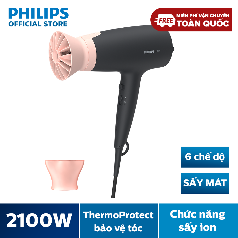 Máy sấy tóc Philips BHD350/10 Công suất: 2100w, 3 chế độ sấy tóc với chế độ nhiệt Thermo Protect cùng chế độ sấy mát – Hàng phân phối chính hãng