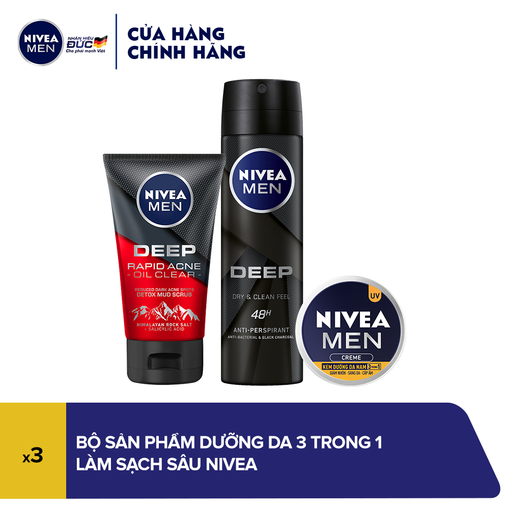 Bộ sản phẩm dưỡng da 3 trong 1 dành cho nam làm sạch sâu Nivea