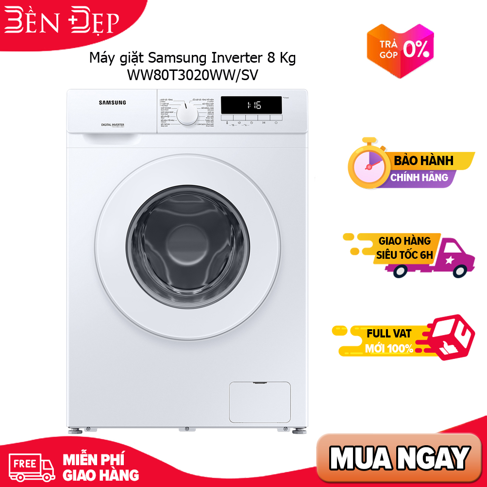 [Trả góp 0%]Máy giặt Samsung Inverter 8 Kg WW80T3020WW/SV(Hàng chính hãng) (Miễn phí giao tại HN-ngoài tỉnh liên hệ shop)