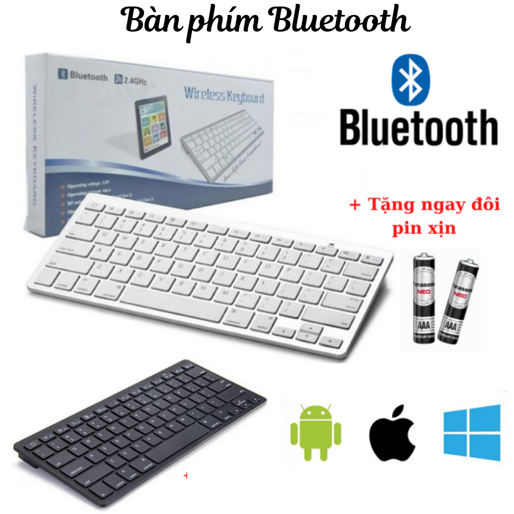 Bàn Phím Không Dây Bluetooth Mỏng – Đẹp – Phím ấn cực nhẹ – Dùng cho – Điện Thoại – Máy Tính Bảng