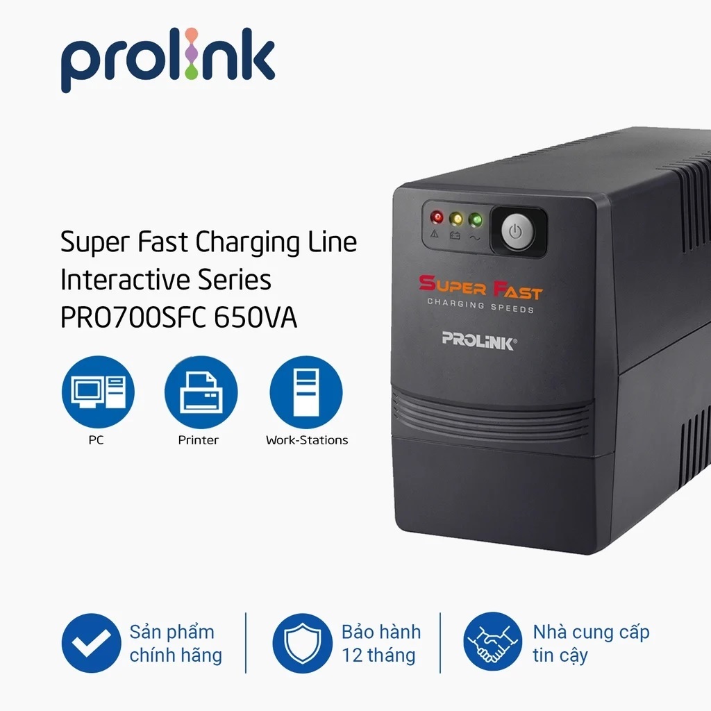 Bộ lưu điện UPS PROLiNK PRO700SFC (650VA) công suất 360W, sạc siêu nhanh, dùng cho PC, Wifi, Camera