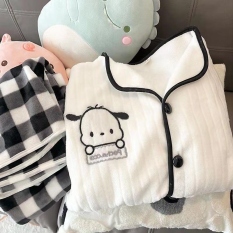 (ฅ´ω`ฅ) Sanrio Kawaii Pochacco Women Winter Warm Flannel Pajamas Thick Coral Velvet Long Sleeve Cartoon Sleepwear Home Suit Coat