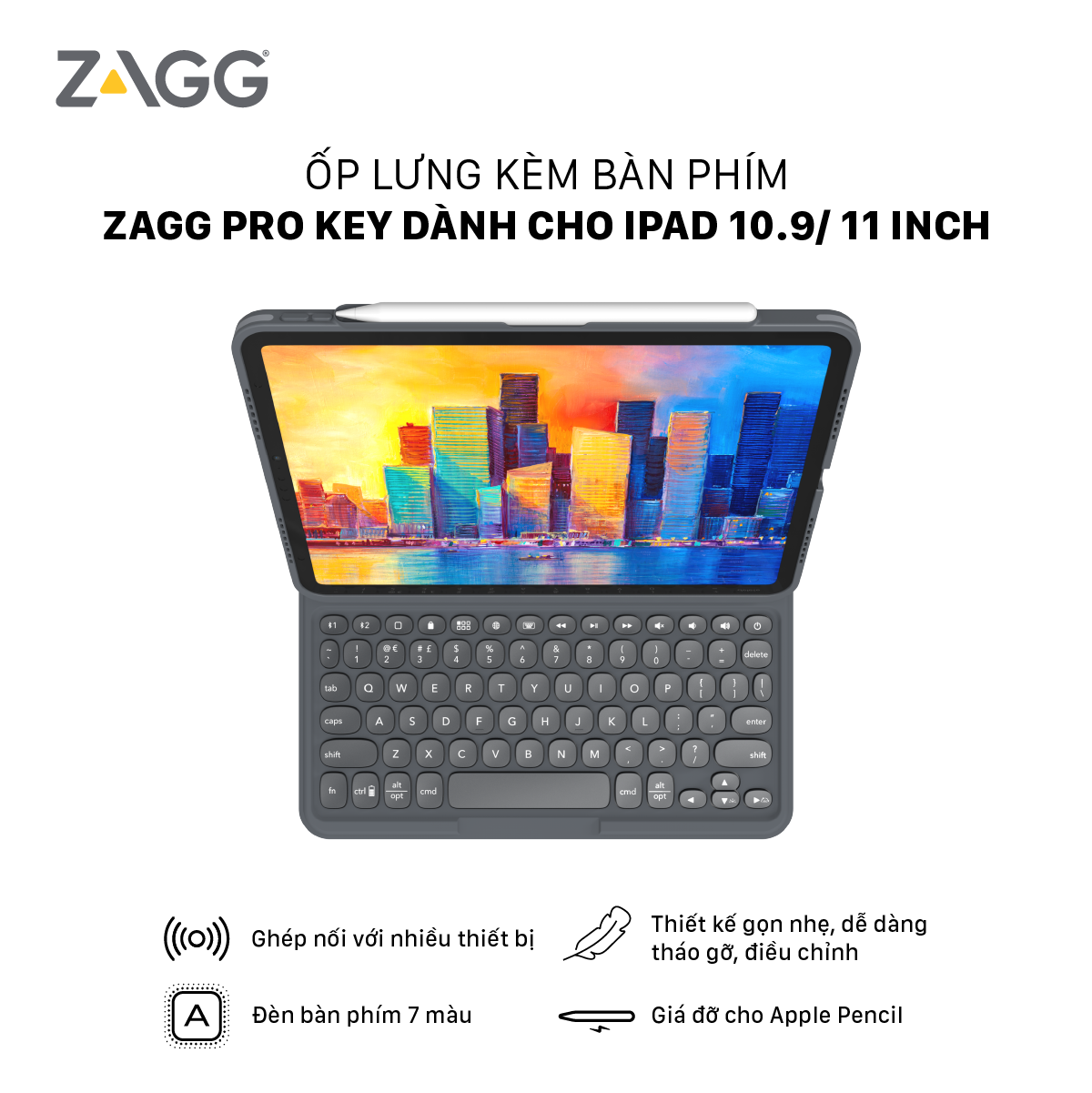 Ốp lưng kèm bàn phím ZAGG Keyboard Pro Keys-Apple-iPad 10.2 và iPad 10.9