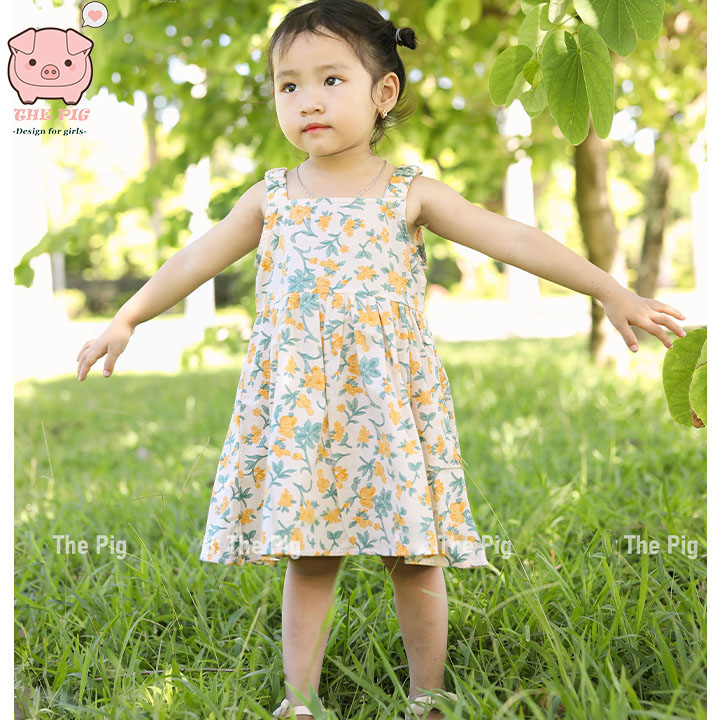 Váy bé gái The Pig, Đầm cho bé gái 1 tuổi đến 8 tuổi, họa tiết hoa nhí vàng, chất...