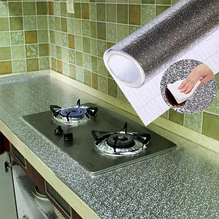 (KHỔ LỚN 9MX60CM) Cuộn decal bạc trang nhôm giấy dán bếp cao cấp chống dầu mỡ, cách nhiệt có keo...