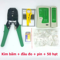 Bộ full đủ đồ sửa mạng lan (kìm bấm, hộp test mạng, 50 đầu nối + Tặng kèm 1 viên pin 9V