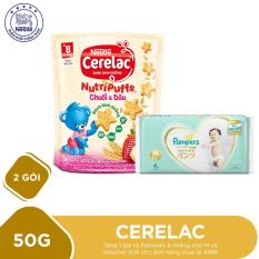 Mua 2 Gói bánh ăn dặm dinh dưỡng Nestlé CERELAC Nutripuffs vị Chuối Dâu – 50g Tặng 1 gói tã Pampers 4 miếng size M và Voucher 50K cho đơn hàng mua tã 499K