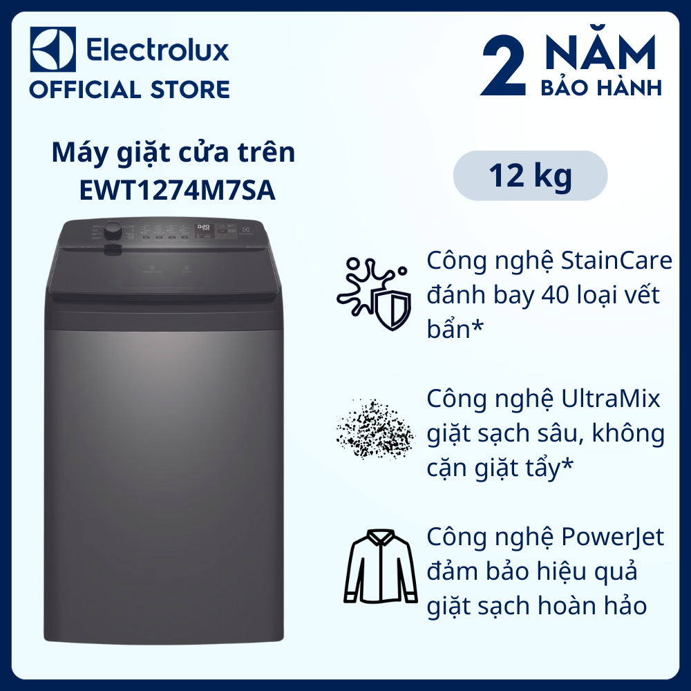 [Free Giao lắp] Máy giặt cửa trên Electrolux 12kg UltimateCare 700 EWT1274M7SA – Xám đen, giặt sạch sâu, không cặn giặt tẩy
