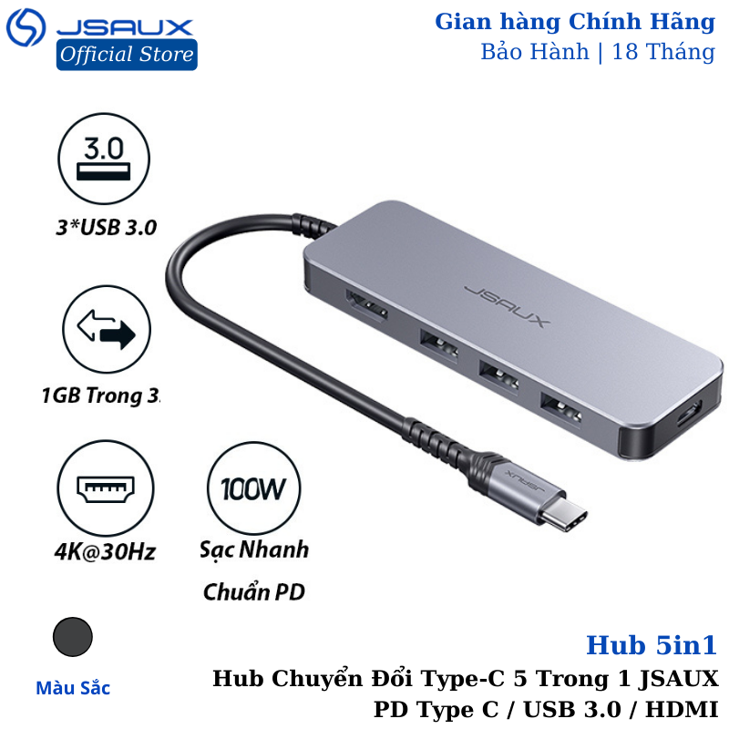 Hub Type-C 5 Trong 1 JSAUX – Bộ Chuyển Đổi Hub Thông Minh USB 3.0 / HDMI / PD Type-C...