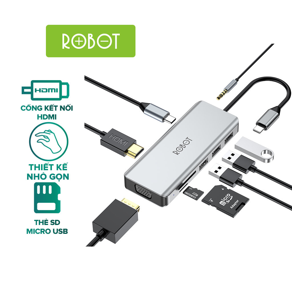 USB HUB Type-C ROBOT HT390 Bộ Chuyển Đổi 9 Trong 1 Type-C Sang HDMI USB Thẻ Nhớ Cổng PD Chất...