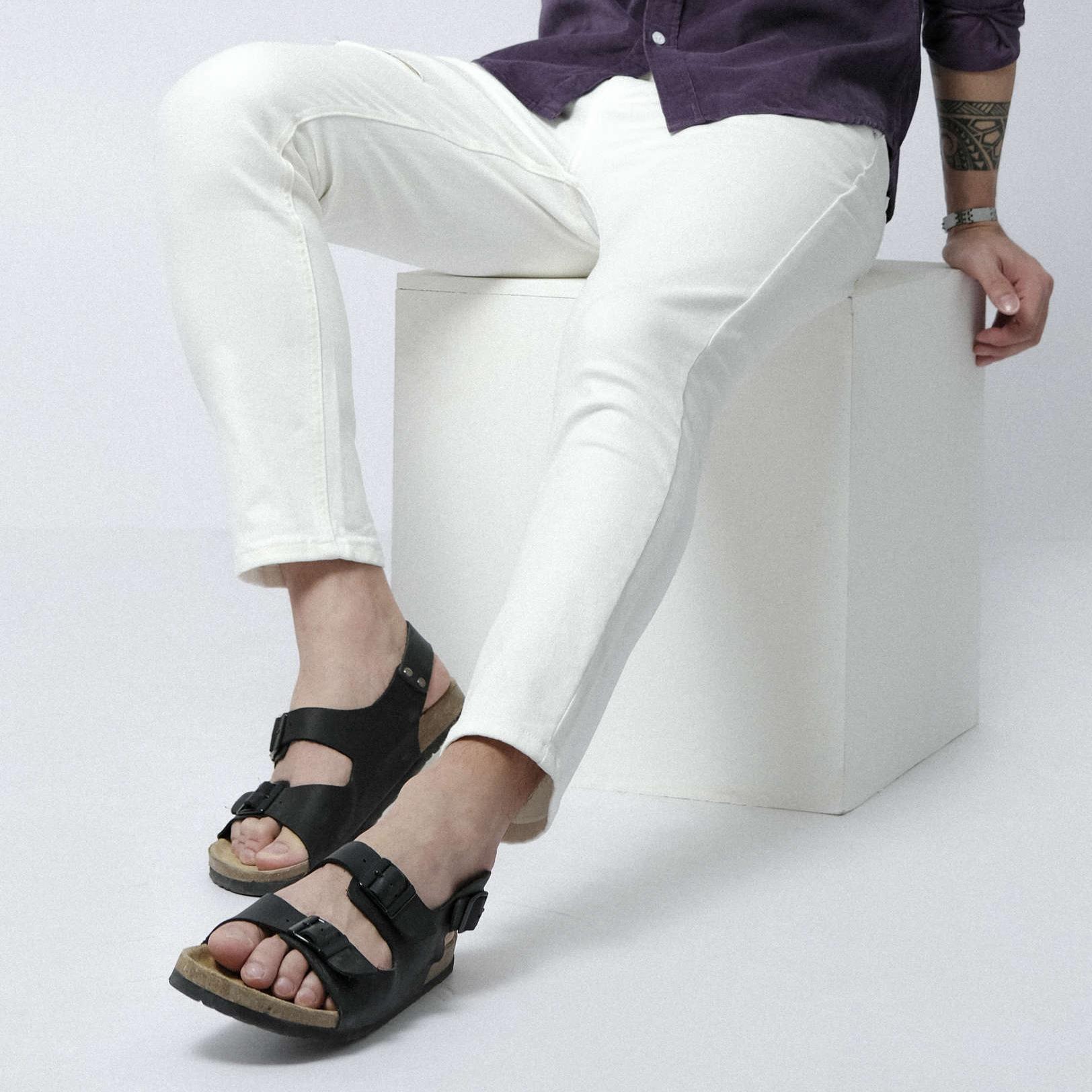 Sandal unisex HuuCuong 2 khóa da pu đen đế trấu handmade