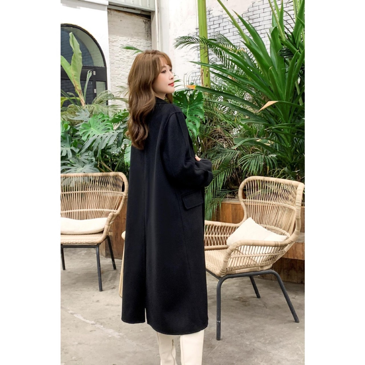 Áo măng tô dạ nữ dáng dài màu đen Anie freesize dưới 65kg