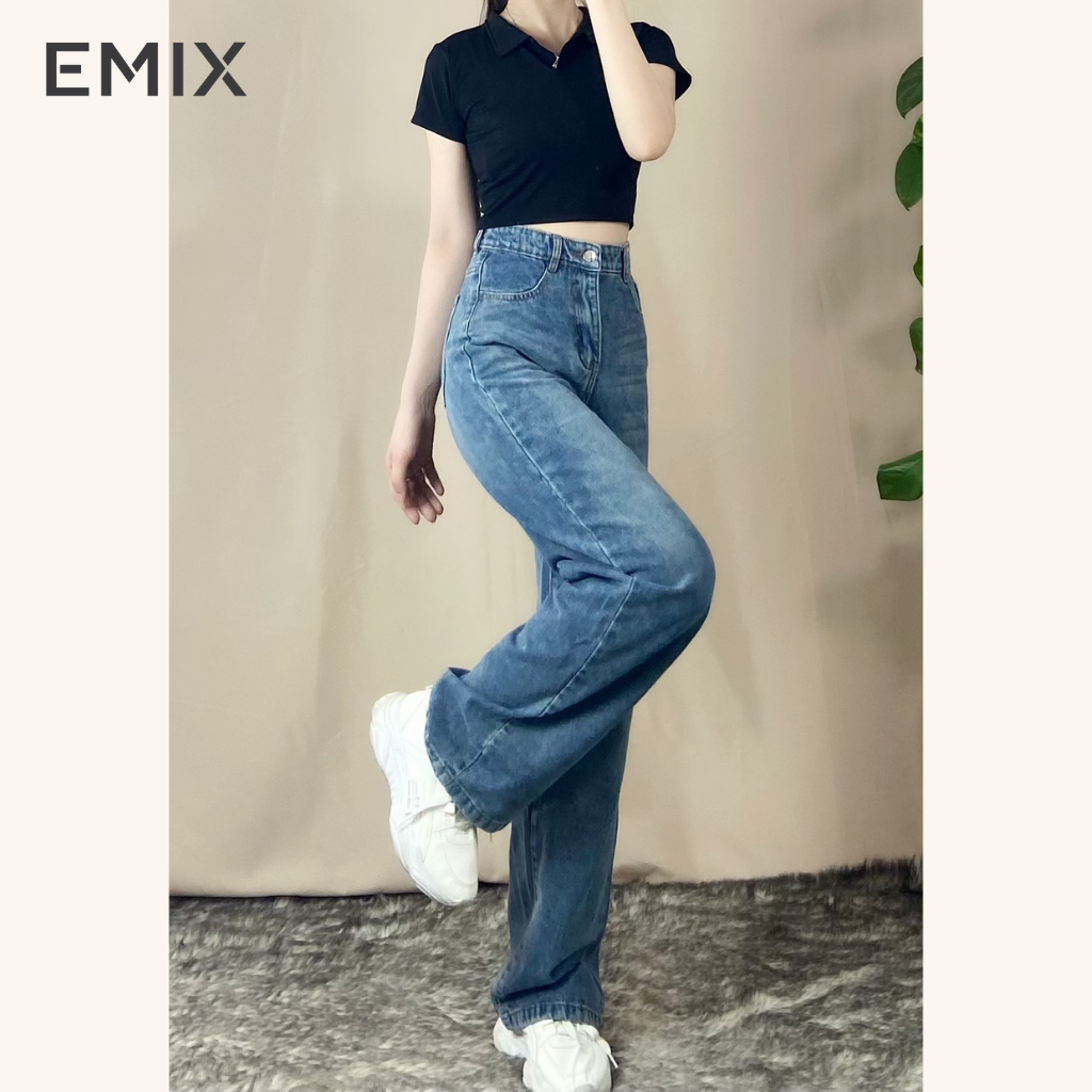 Quần jean nữ trơn cơ bản EMIX (màu xanh), dáng suông, dài 100cm, cạp cao tôn dáng, chất đẹp không bai màu