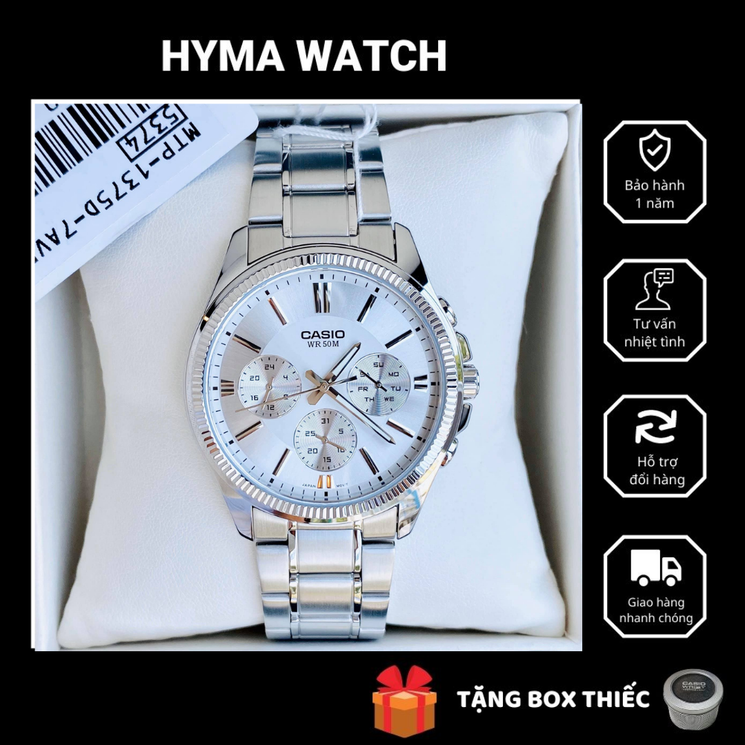Đồng hồ nam 6 kim dây thép chính hãng Casio MTP 1375D-7AV mặt trắng chống nước size 42mm Bảo hành 1 năm Hyma watch