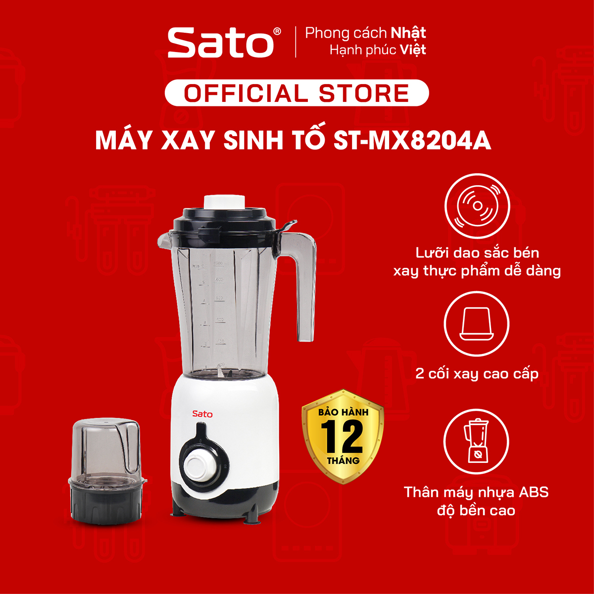 Máy xay sinh tố đa năng 2 cối SATO ST-MX8204A 1.2L, núm cơ 2 tốc độ, dễ sử dụng, 2...
