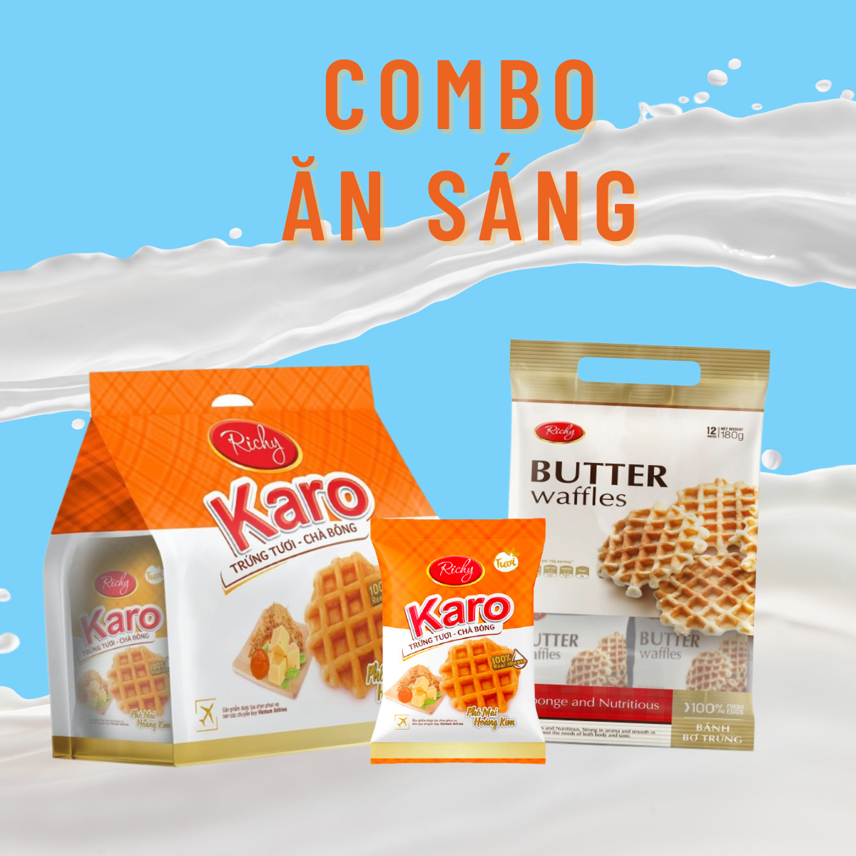 Combo ăn sáng Richy – Bánh Karo hoàng kim và bánh bơ trứng túi 180g