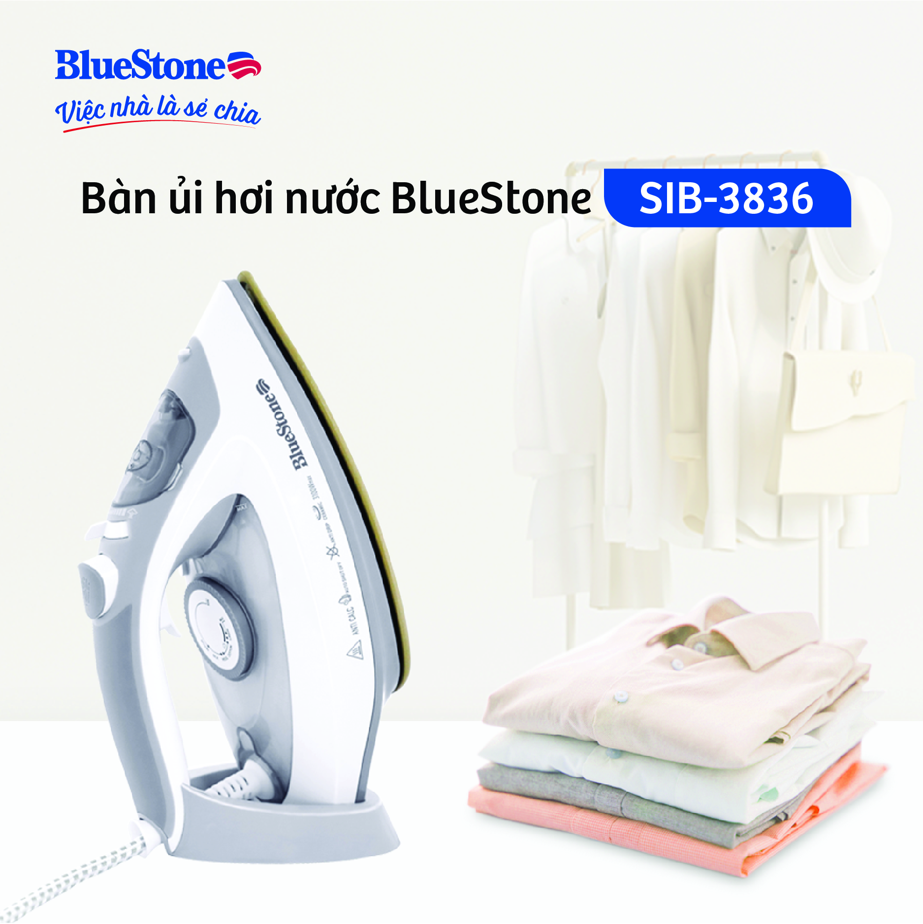 Bàn ủi hơi nước BlueStone SIB-3836 - Mặt đế Ceramic cao cấp - Công suất 2600 - 3100W - Bảo...