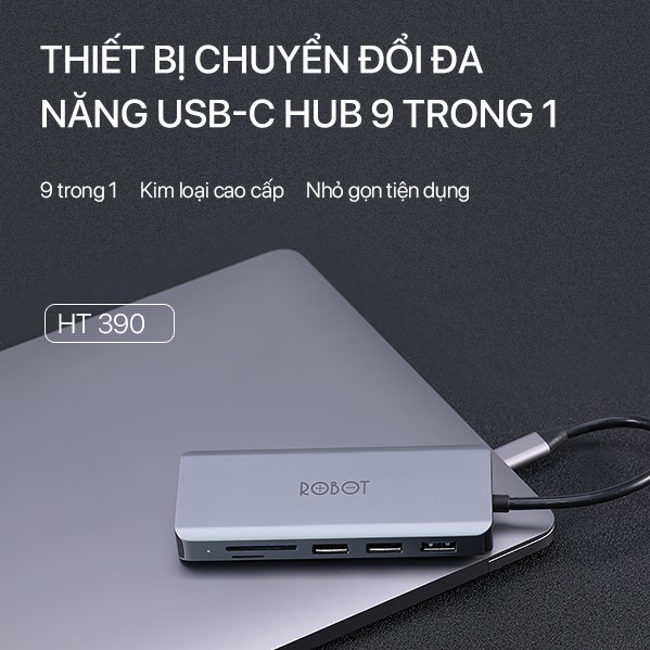 USB HUB Type-C ROBOT HT390 Bộ Chuyển Đổi 9 Trong 1 Type-C Sang HDMI USB Thẻ Nhớ Cổng PD Chất...
