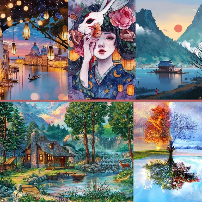 Tranh Đính Đá 5D Tự Làm, tranh đính đá phong cảnh giá rẻ mini anime BTS