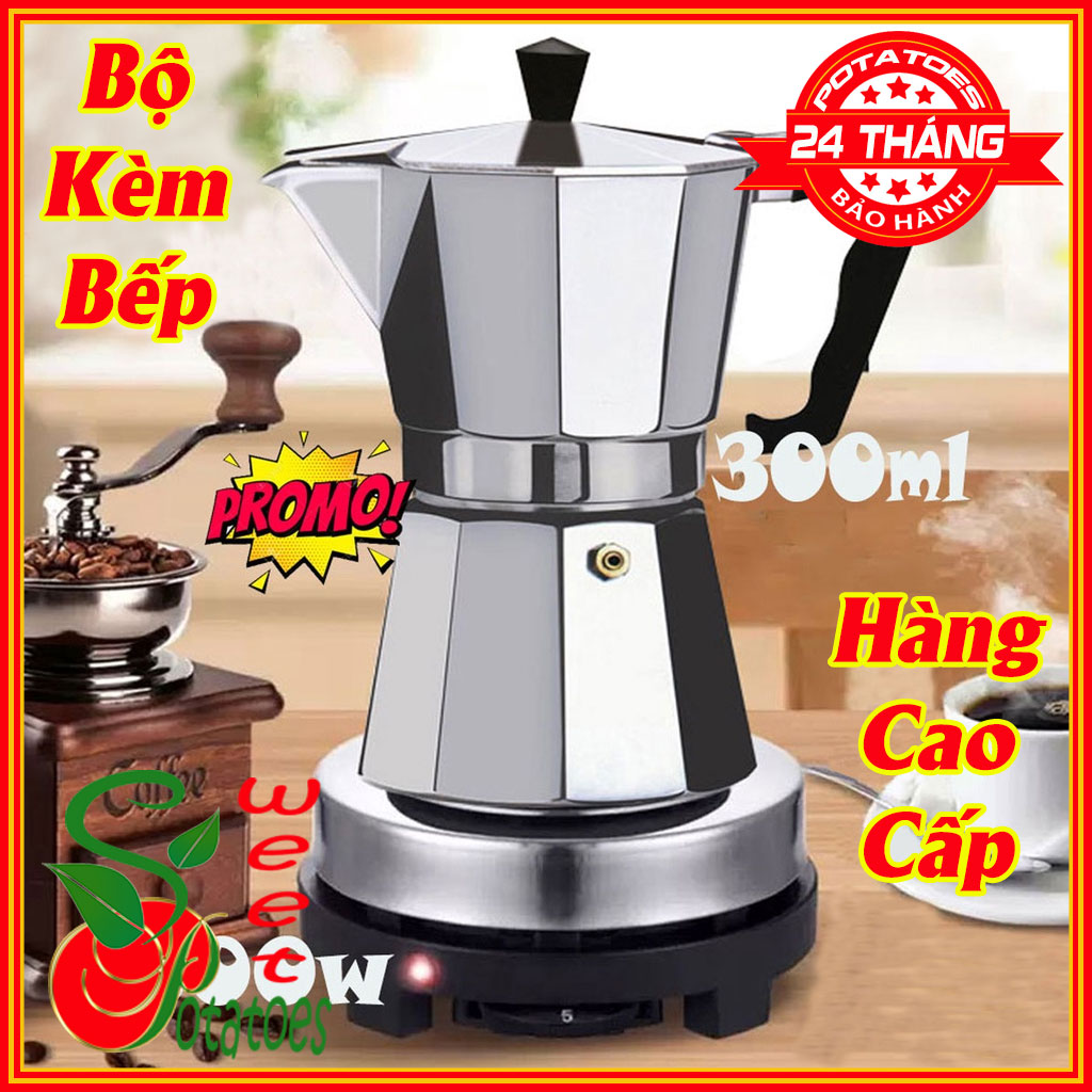 Phin pha cafe Moka Pot 300ml Kèm Bếp Điện Ấm Pha Cà Phê Siêu Tốc - Có thể sử dụng...