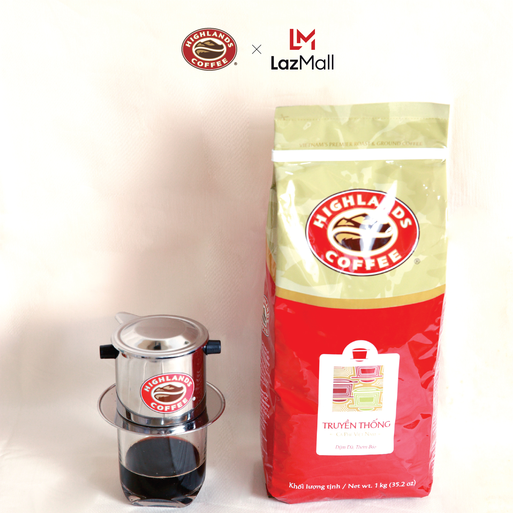 [TẶNG 1 HỘP SỮA TỪ 3-7.3] COMBO 2 Túi Cà phê bột Truyền thống Highlands Coffee 1kg (số lượng có...