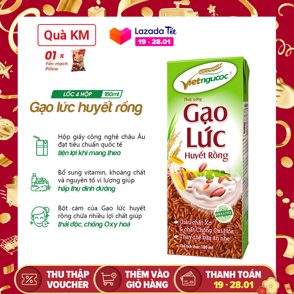 Thức uống Gạo lức huyết rồng Việt Ngũ Cốc lốc 4 hộp 180ml – Tặng Oatta Pillow Yến mạch Chocolate