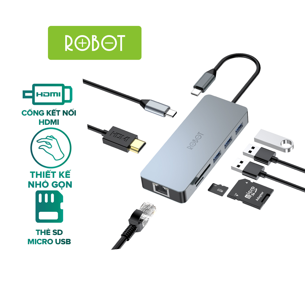Bộ chuyển đổi 8in1 ROBOT HT380 Type-c cổng kết nối USB 3.0&2.0/ HDMI/PD/SD/TF/PD cho Macbook bộ chuyển đổi máy tính...