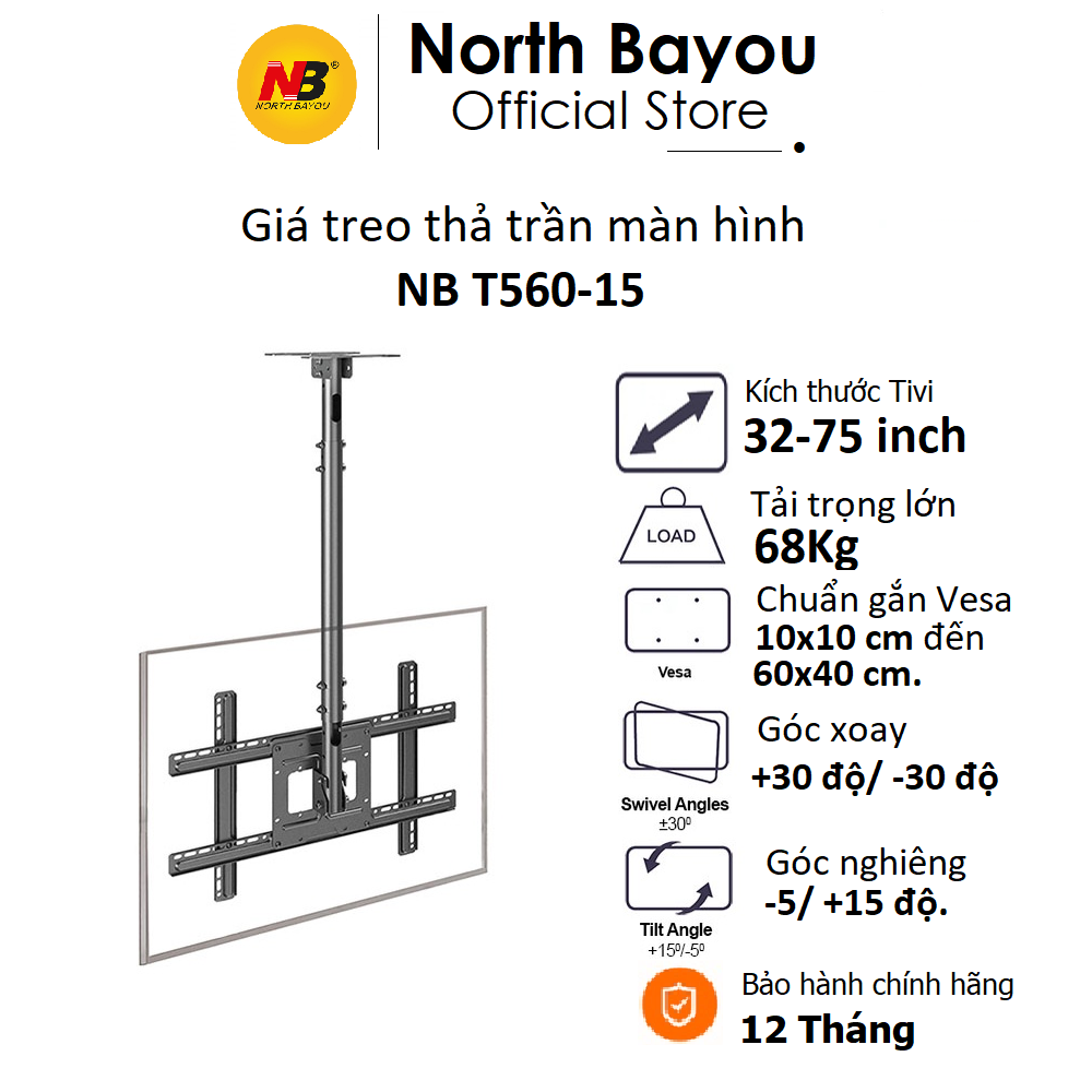 Giá treo thả trần màn hình Tivi North Bayou NB T560-15 từ 32 - 75 inch, Tải trọng 68 kg,...