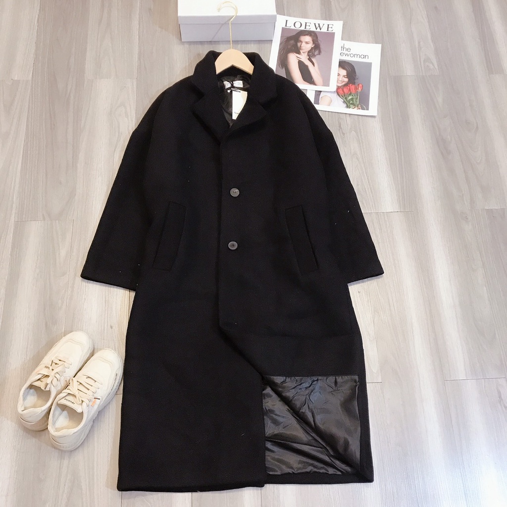 Áo măng tô dạ nữ dáng dài màu đen Anie freesize dưới 65kg
