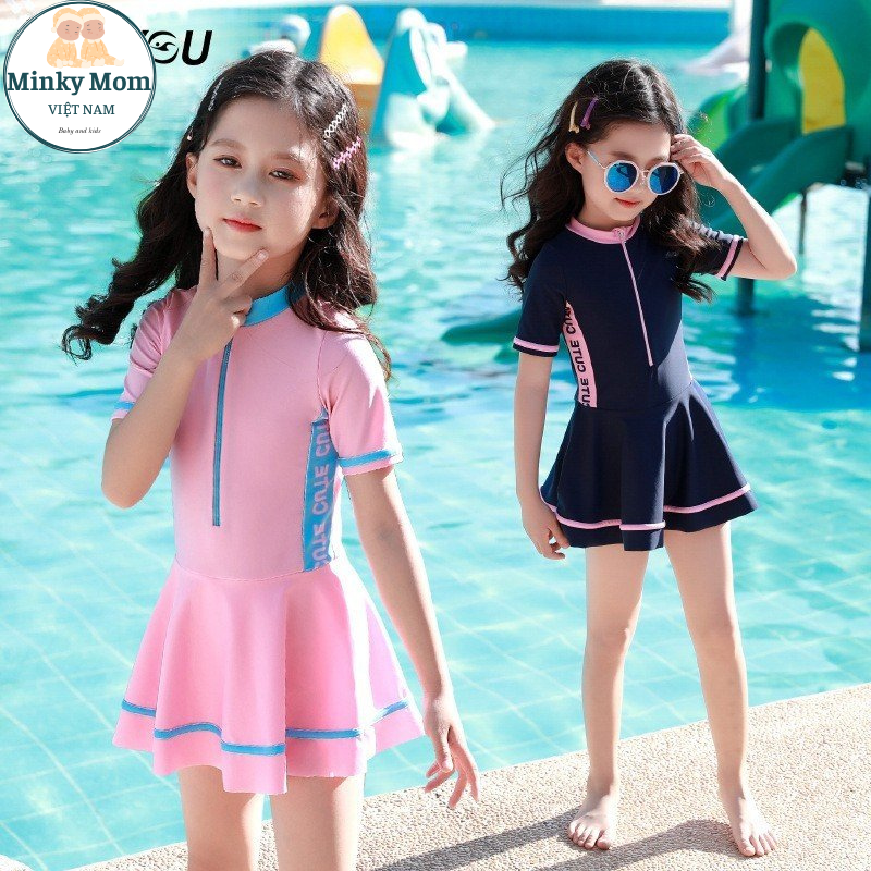 Bộ Áo Váy Bơi Liền Thân Ngắn Tay Nhanh Khô, Kháng Khuẩn Cho Bé Gái 3-12 tuổi
