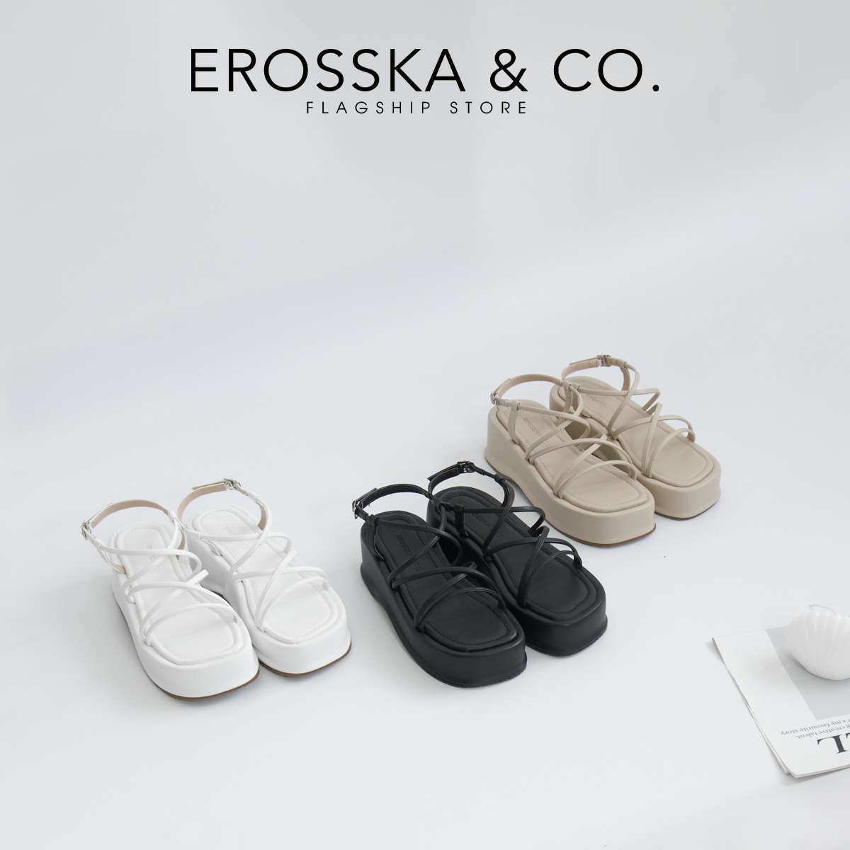 Erosska - Giày sandal nữ đế xuồng phối dây quai mảnh thiết kế basic cao 5cm màu nude - SB014