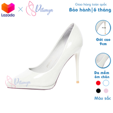 Giày cao gót nữ trơn mũi nhọn chất liệu da Simili chống thấm, đế đặc, gót nhọn cao 9cm, thiết kế thời trang