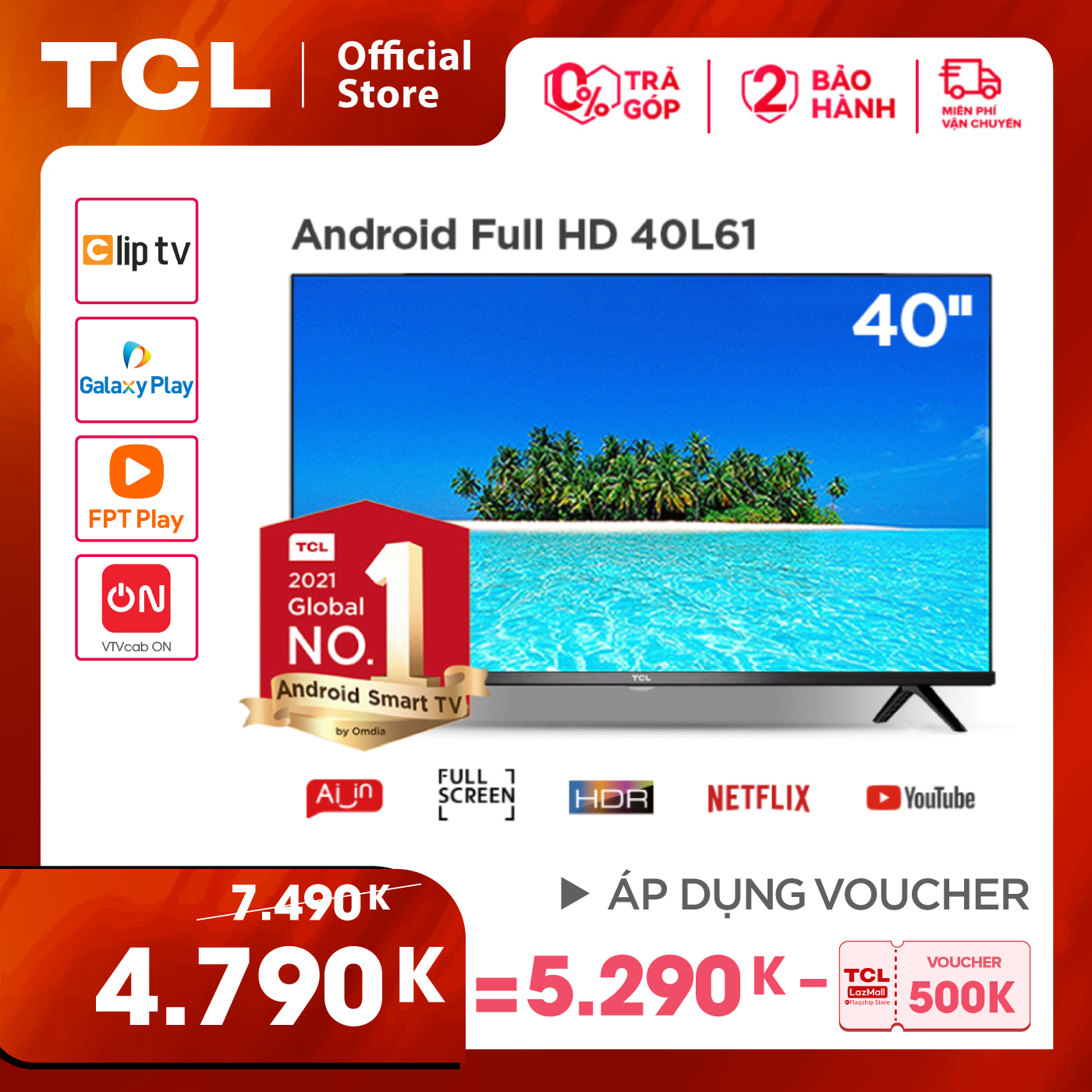 [VOUCHER 500K] Smart TV TCL Android 8.0 40 inch Full HD Wifi - 40L61 - HDR Dolby Chromecast T-cast AI+IN...