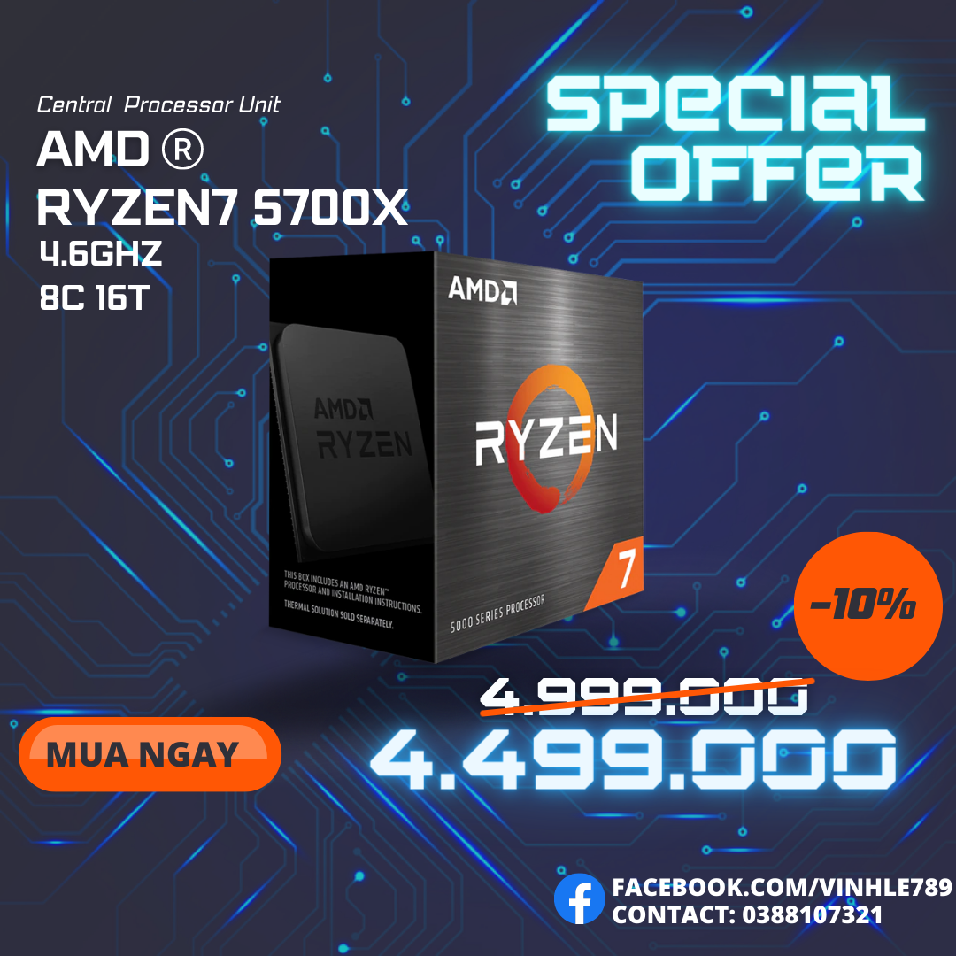 CPU AMD Ryzen 7 5700X ( 3.4GHz Boost 4.6GHz / 8 nhân 16 luồng / 32MB / AM4)