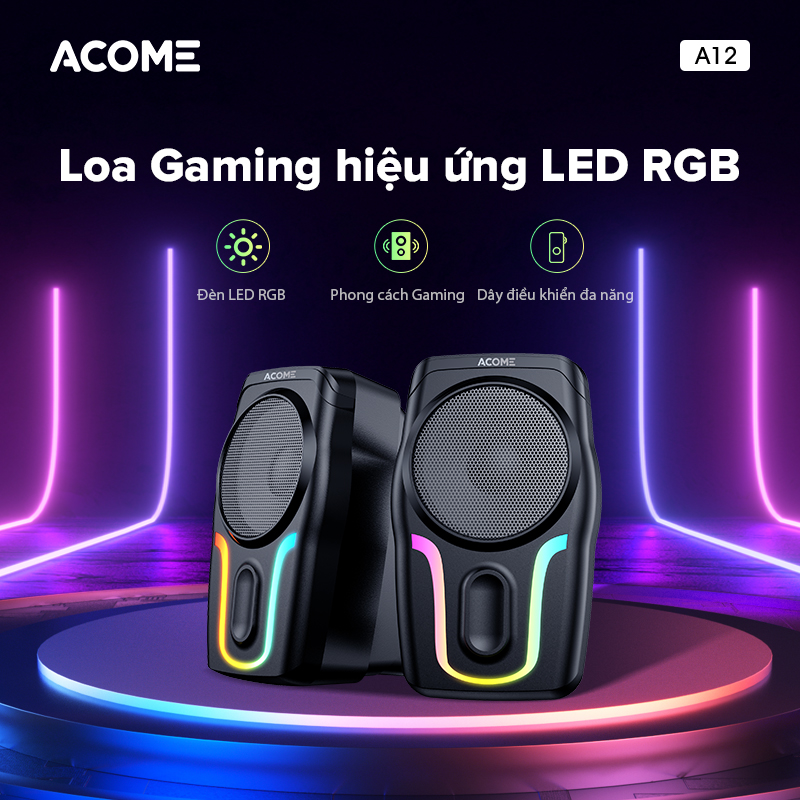 Loa Vi Tính Gaming Loa Máy Tính Để Bàn ACOME A12 Hiệu Ứng Đèn LED RGB Bass Mạnh Dùng Cho...